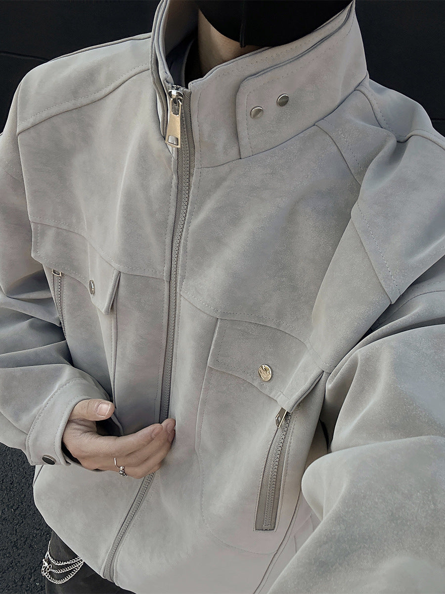 Nameria Mens PU Leather Jacket Stand Collar Zipper Round Hem