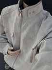 Nameria Mens PU Leather Jacket Stand Collar Zipper Round Hem