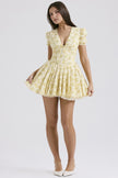Nameria Floral Puff Sleeve A-line Short Dress V-neck High Waist