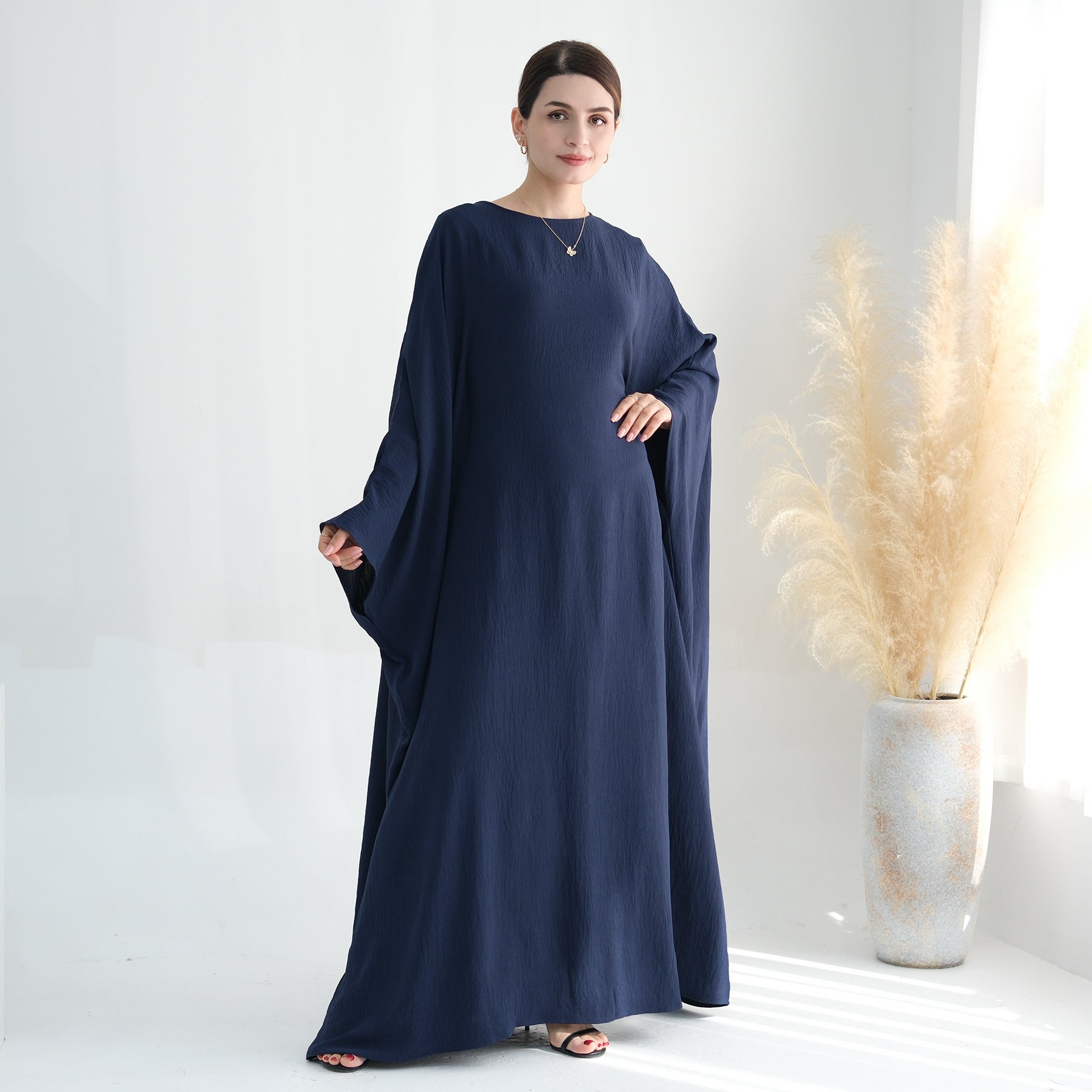 Nameria Womens Bat Sleeve Long Dress With Belt Crewneck