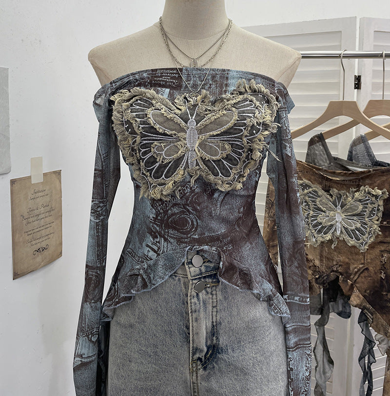 Nameria One-Shoulder Butterfly Embroidered Mesh Top