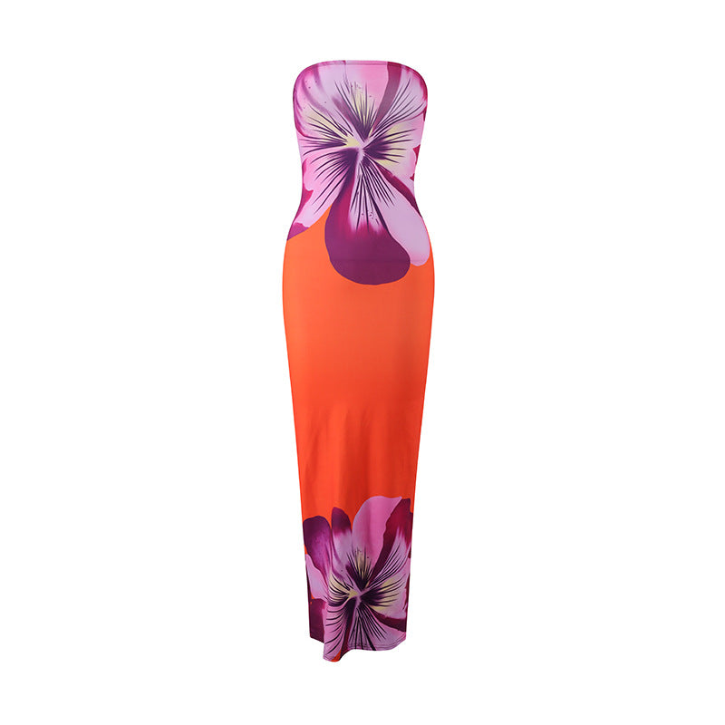 Nameria Strapless Floral Print Long Dress Tube Top Backless