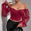 Nameria Mesh Bell Sleeve Floral Lace Top with Boning Backless