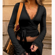 Nameria Womens V-Neck Lace Trim Slim-Fit Blouse