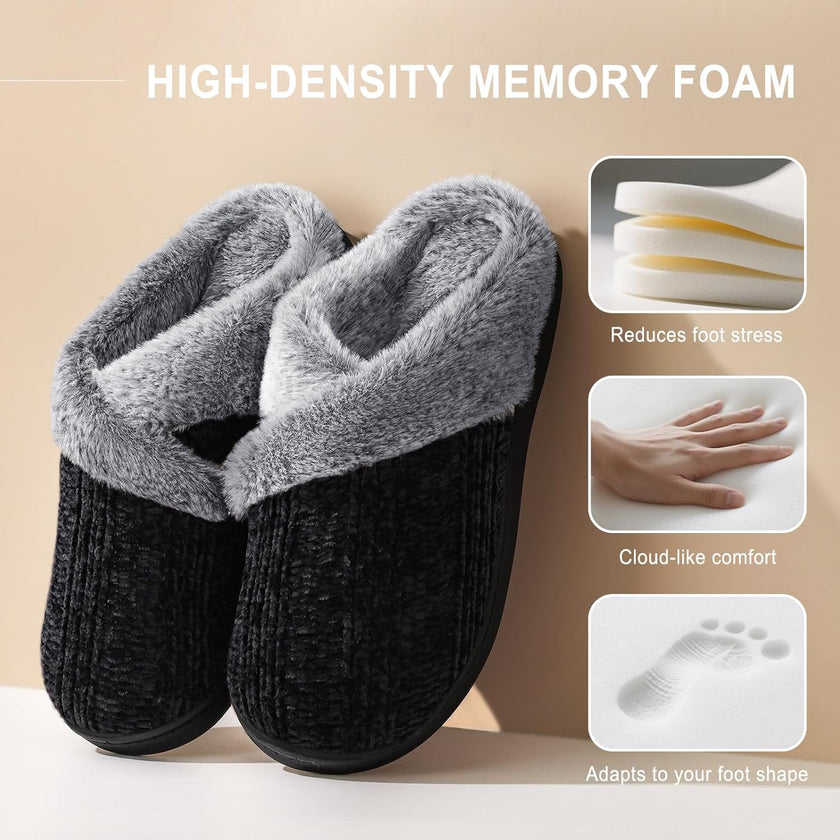 Women’s Fuzzy Memory Foam House Slippers – Indoor Outdoor Cozy Knit Slip-On with Plush Lining & Anti-Skid Rubber Sole