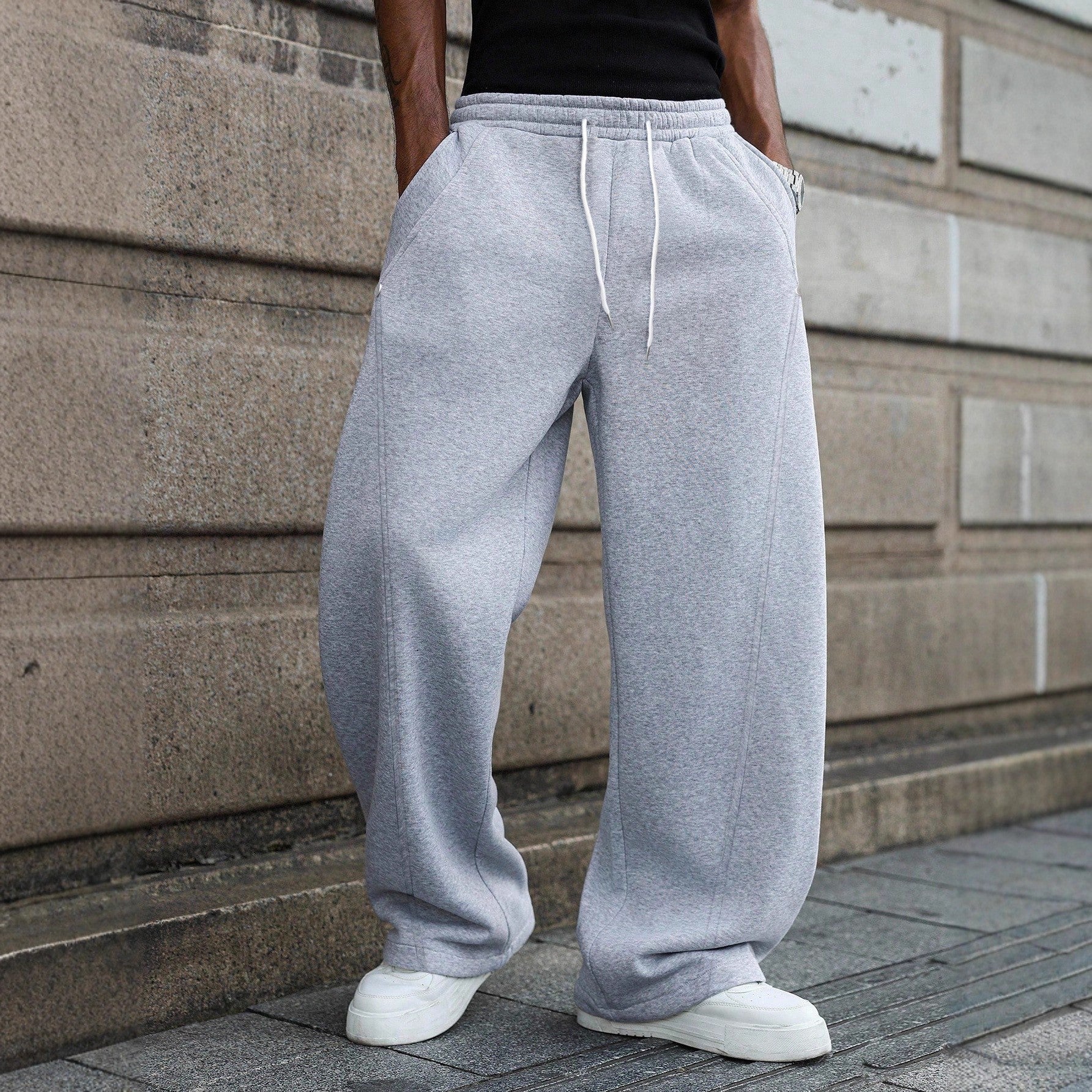 Nameria Loose Straight Leg Sweatpants with Drawstring Light Gray
