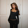 Nameria Womens Lace Long Sleeve Bell Sleeve V Neck Top Slim Fit