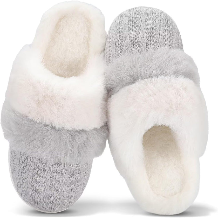 Women'S Two-Tone Fuzzy Collar House Slippers Memory Foam Plush Faux Fur Lining
