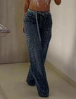Nameria Rhinestone High Waist Wide Leg Denim Trousers