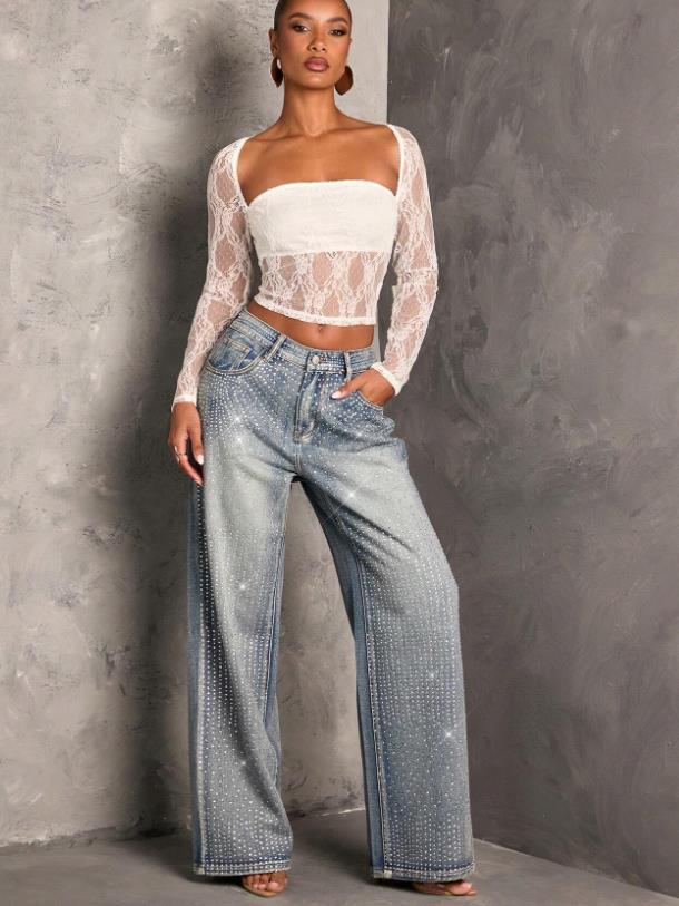 Nameria Rhinestone High Waist Wide Leg Denim Trousers