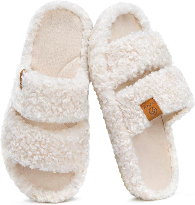 Womens Fuzzy Open-Toe Slippers Soft Comfy Memory Foam Indoor House Shoes