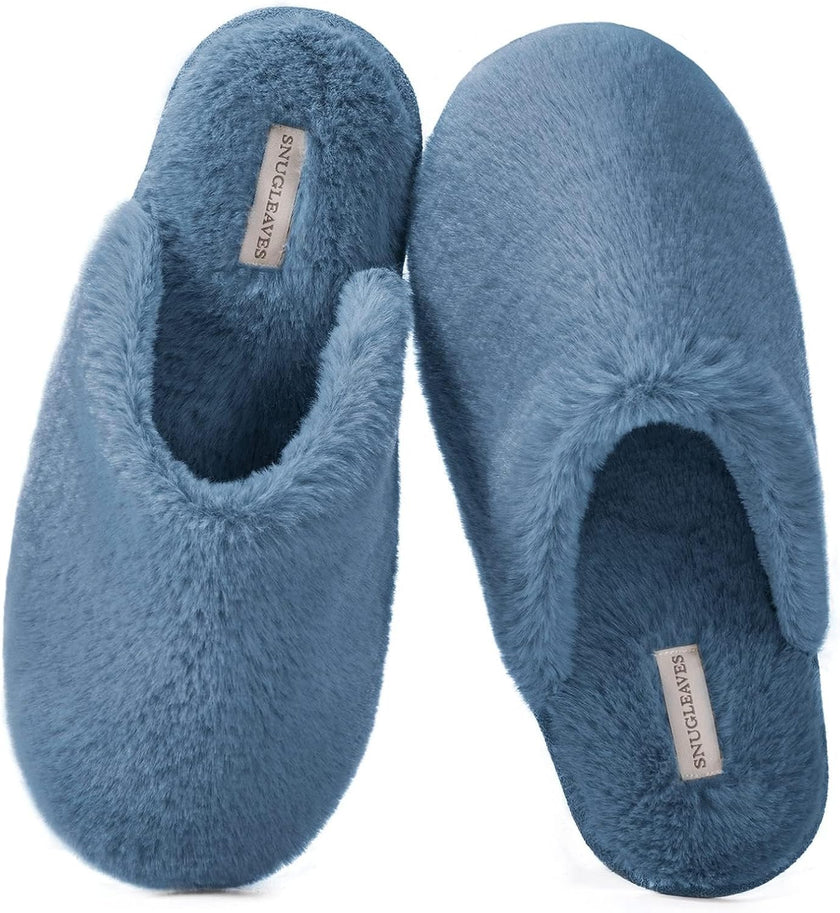 Women’s Plush Faux Fur Memory Foam Scuff Slippers – Cozy Indoor Slip-On House Shoes