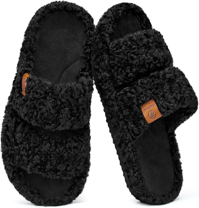 Womens Fuzzy Open-Toe Slippers Soft Comfy Memory Foam Indoor House Shoes