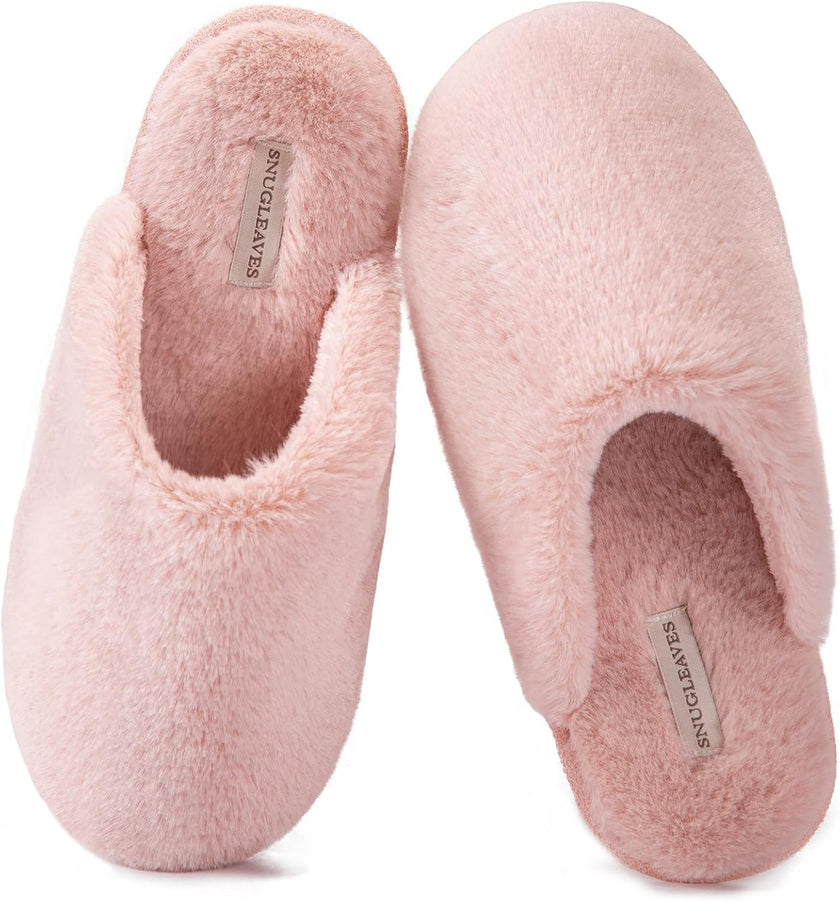 Women’s Plush Faux Fur Memory Foam Scuff Slippers – Cozy Indoor Slip-On House Shoes