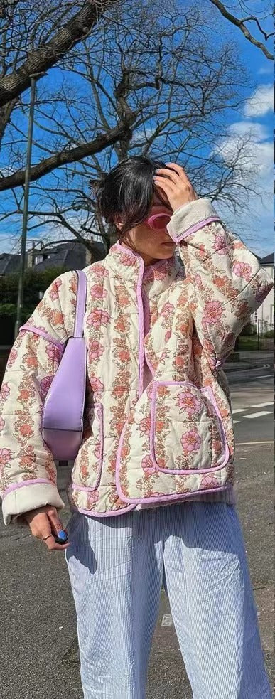 Nameria Womens Cotton Jacket Stand Collar Floral Print Mid Length