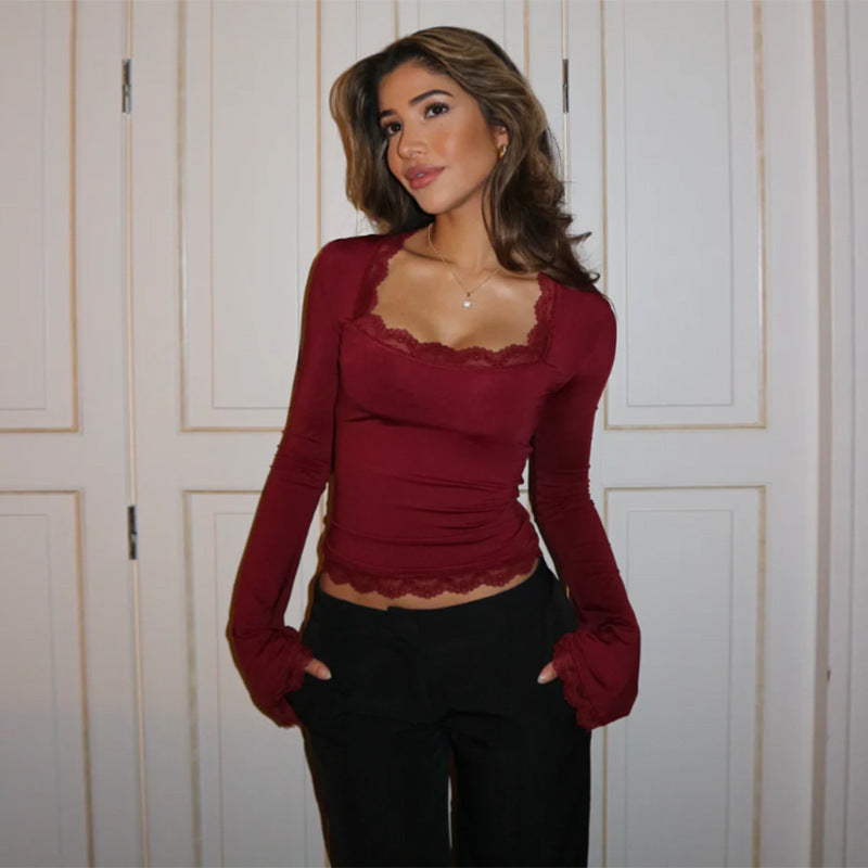 Nameria Womens Lace Long Sleeve Bell Sleeve V Neck Top Slim Fit