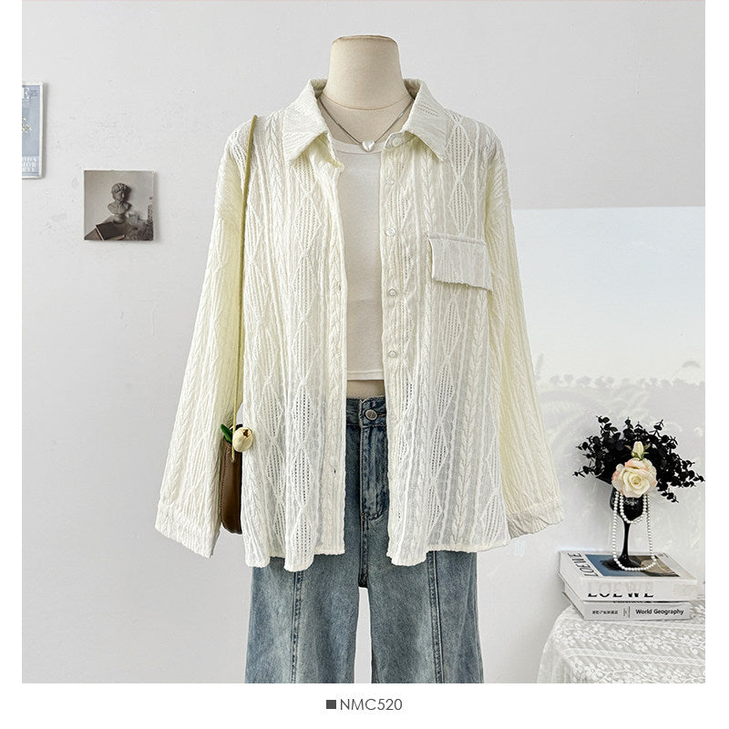 Nameria French Hollow Out Crochet Polo Lapel Long Sleeve Shirt