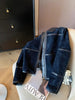 Nameria Navy Blue Suede Jacket Leather Trim Lapel Zip Front