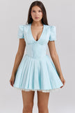Nameria Floral Puff Sleeve A-line Short Dress V-neck High Waist