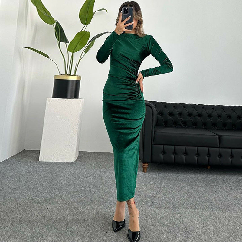 Nameria Womens Slim Fit Long Sleeve Velvet Dress Fold Detail Crewneck