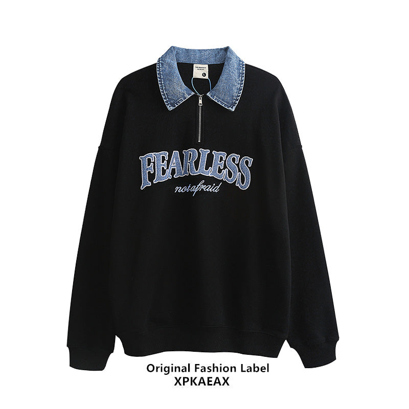 Nameria Unisex Oversize Denim Lapel Polo Sweatshirt