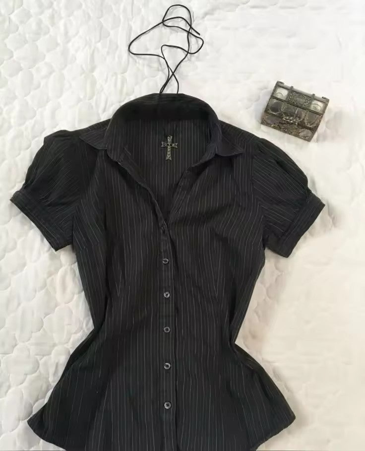 Nameria Pinstripe Puff Sleeve Button Front Blouse