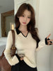 Nameria Polo Collar Ribbed Knit Top Long Sleeve Color Block