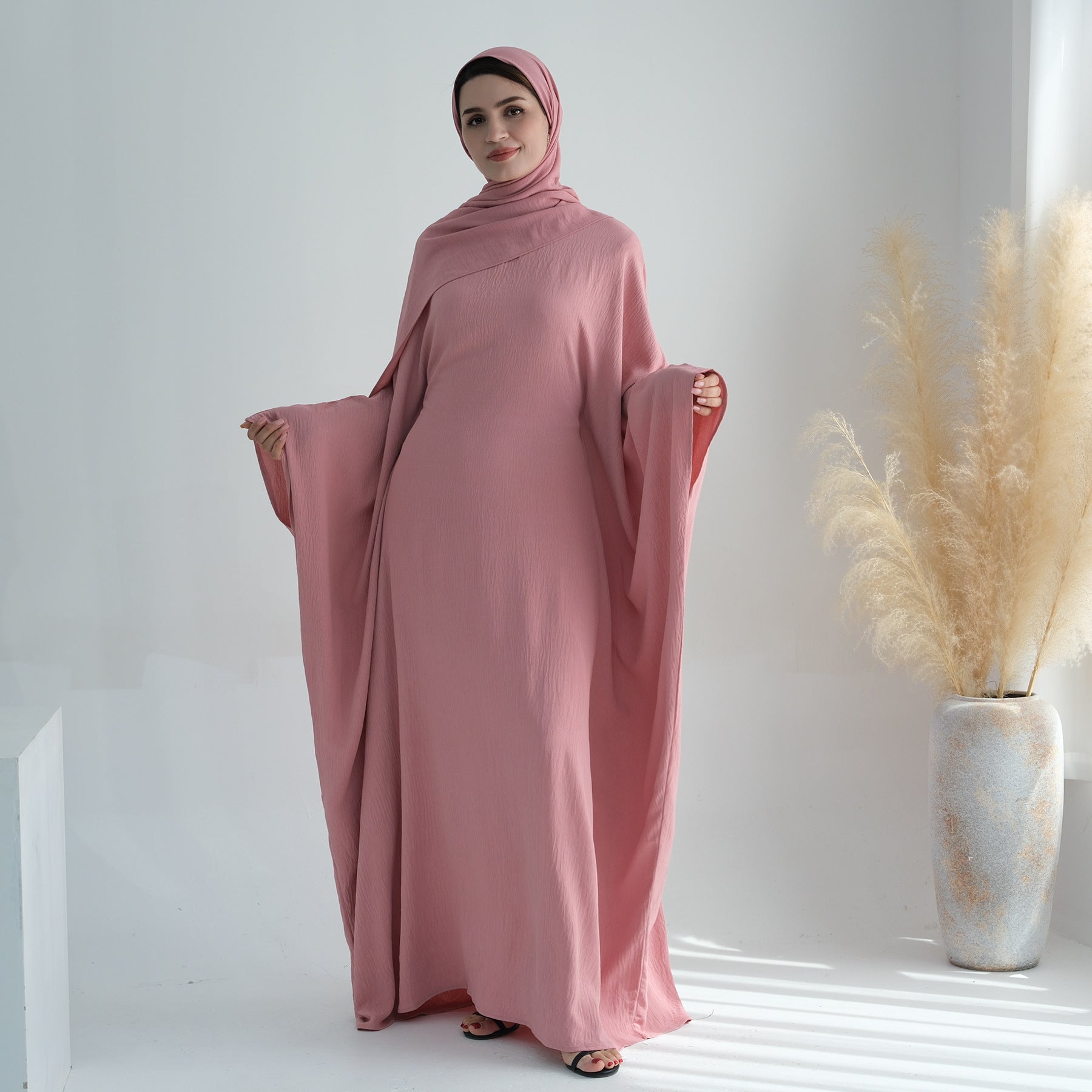 Nameria Womens Bat Sleeve Long Dress With Belt Crewneck