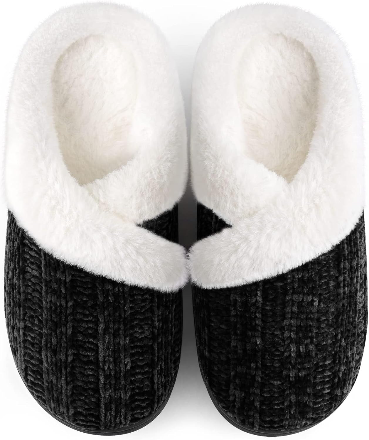 Women’s Fuzzy Memory Foam House Slippers – Indoor Outdoor Cozy Knit Slip-On with Plush Lining & Anti-Skid Rubber Sole