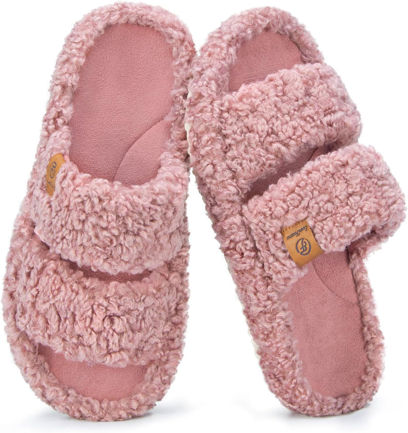 Womens Fuzzy Open-Toe Slippers Soft Comfy Memory Foam Indoor House Shoes
