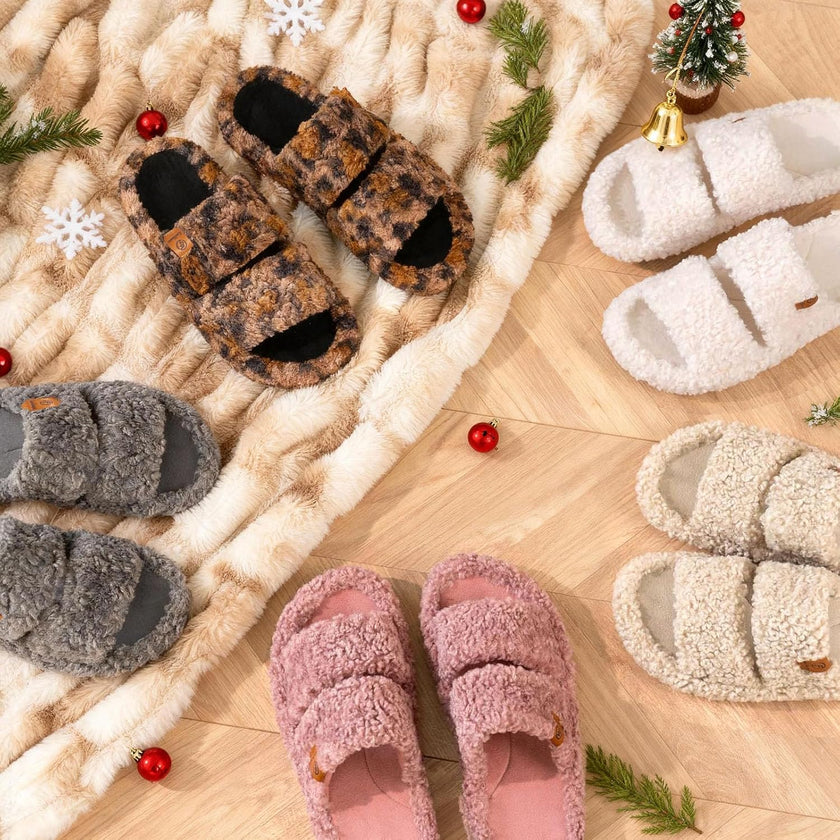Womens Fuzzy Open-Toe Slippers Soft Comfy Memory Foam Indoor House Shoes