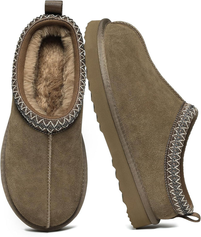 Women'S Fuzzy House Slippers Genuine Suede Fluffy Winter Slipper Cozy Furry Warm Shoes Indoor/Outdoor