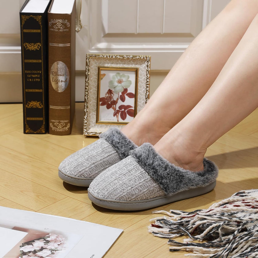 Women’s Memory Foam Plush Knit Slippers – Warm Cozy Indoor/Outdoor Comfort
