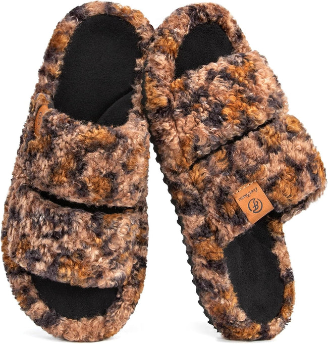 Womens Fuzzy Open-Toe Slippers Soft Comfy Memory Foam Indoor House Shoes