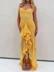 Nameria Mesh Pleated V Neck Sleeveless High Waist Long Dress
