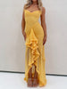 Nameria Mesh Pleated V Neck Sleeveless High Waist Long Dress