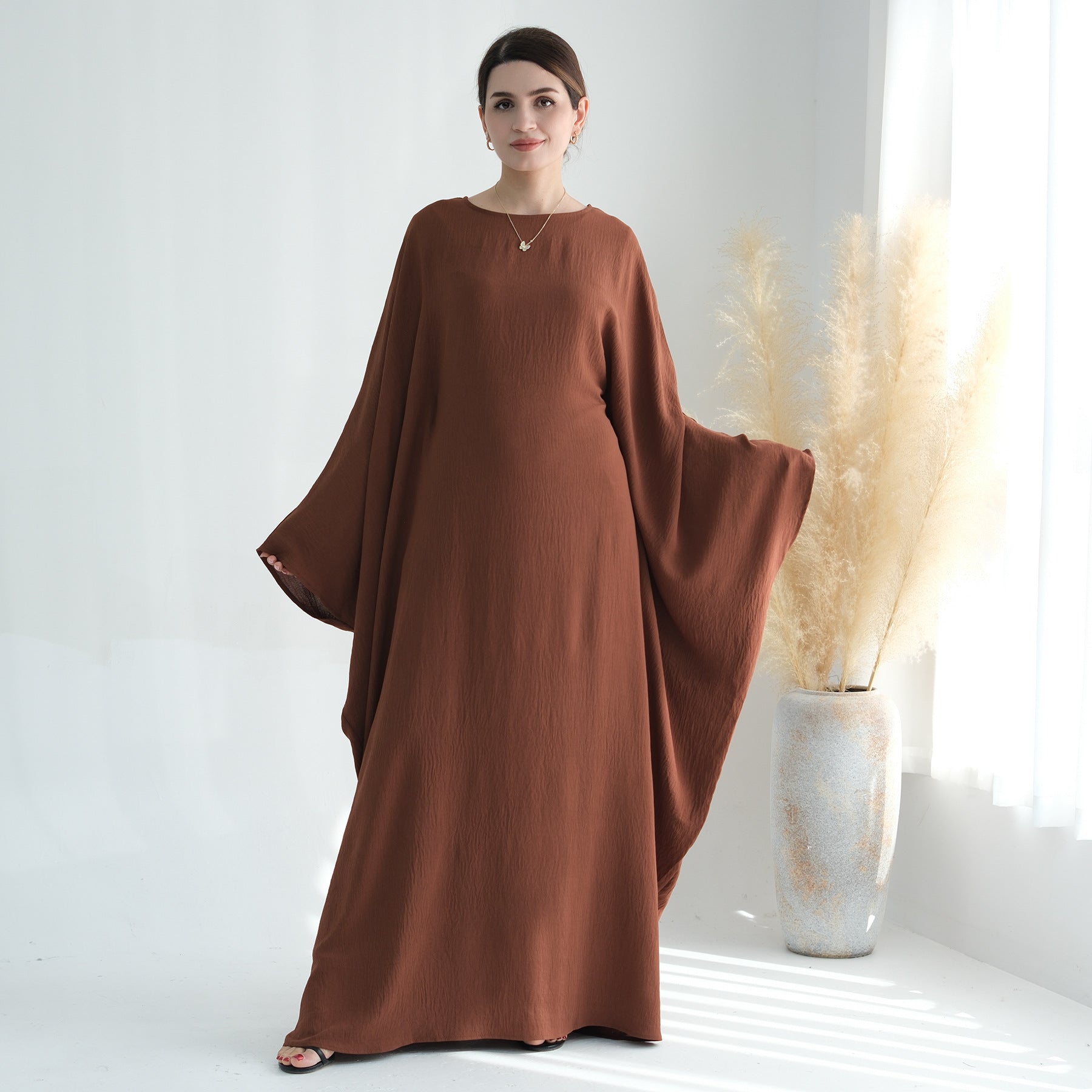 Nameria Womens Bat Sleeve Long Dress With Belt Crewneck