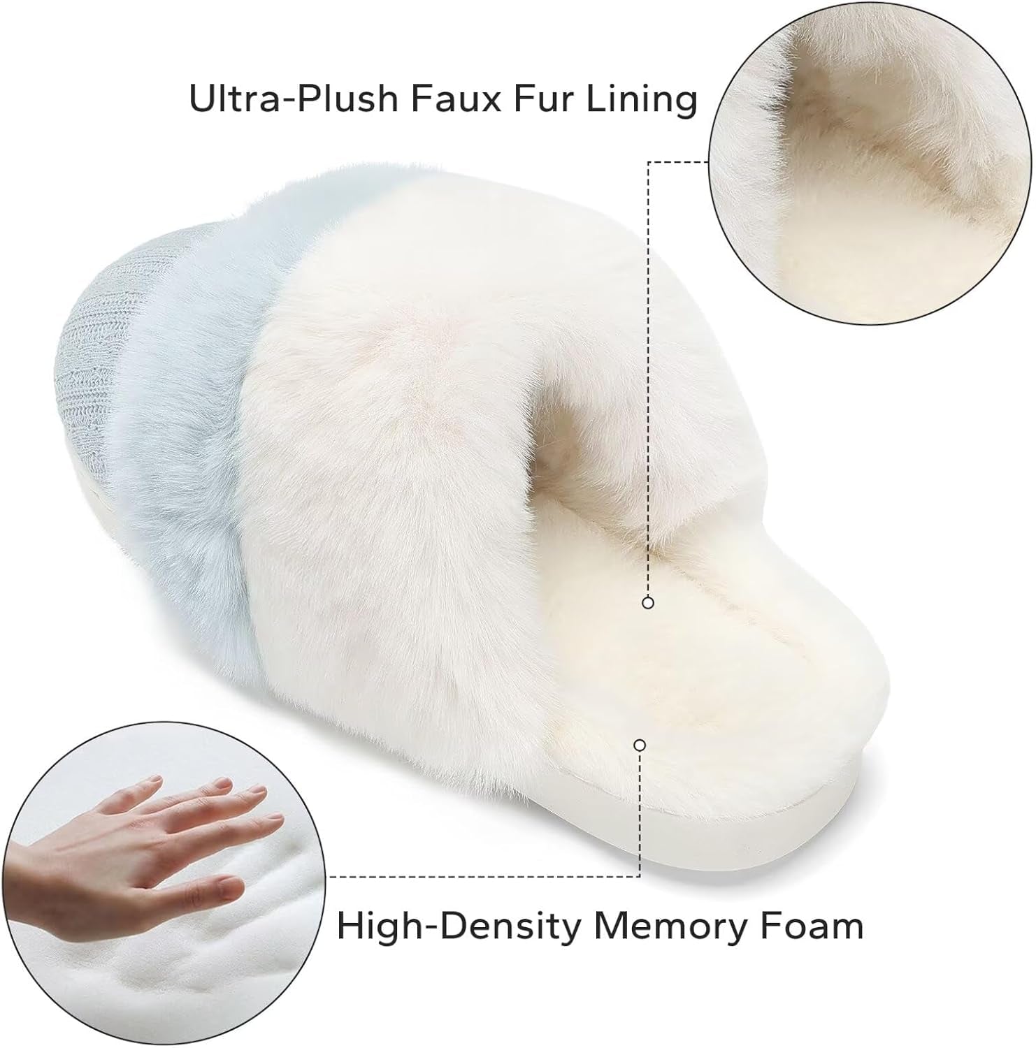 Women'S Two-Tone Fuzzy Collar House Slippers Memory Foam Plush Faux Fur Lining