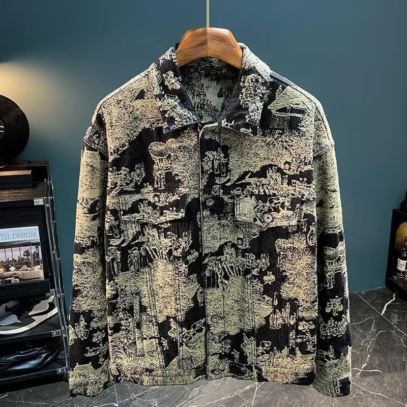 Nameria Camouflage Embroidered Denim Jacket with Lapel Collar