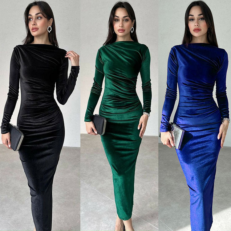 Nameria Womens Slim Fit Long Sleeve Velvet Dress Fold Detail Crewneck