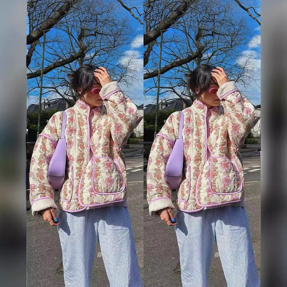 Nameria Womens Cotton Jacket Stand Collar Floral Print Mid Length