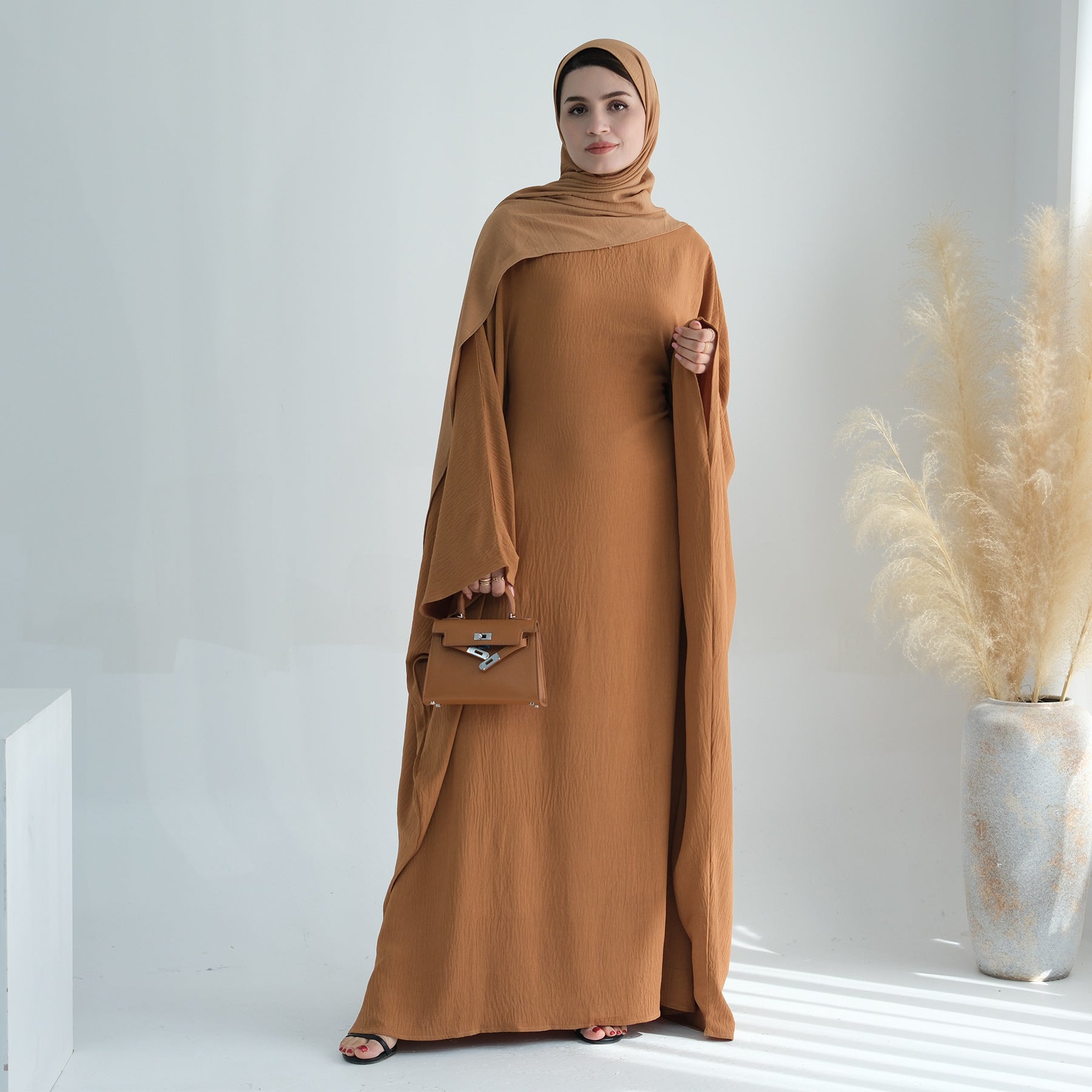 Nameria Womens Bat Sleeve Long Dress With Belt Crewneck