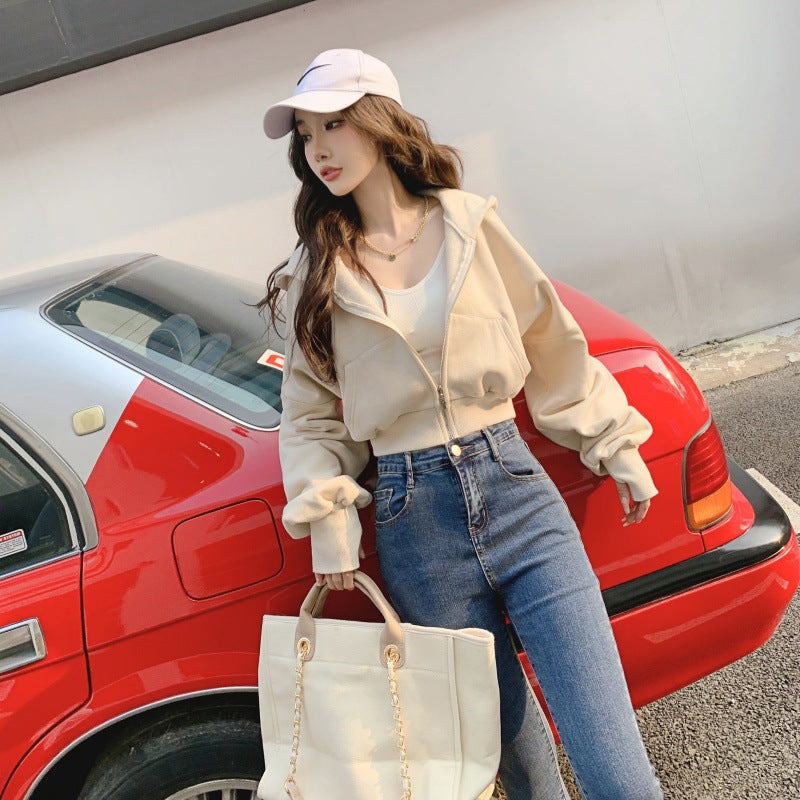Nameria Stylish Zip Up Cropped Hoodie Terry Cotton