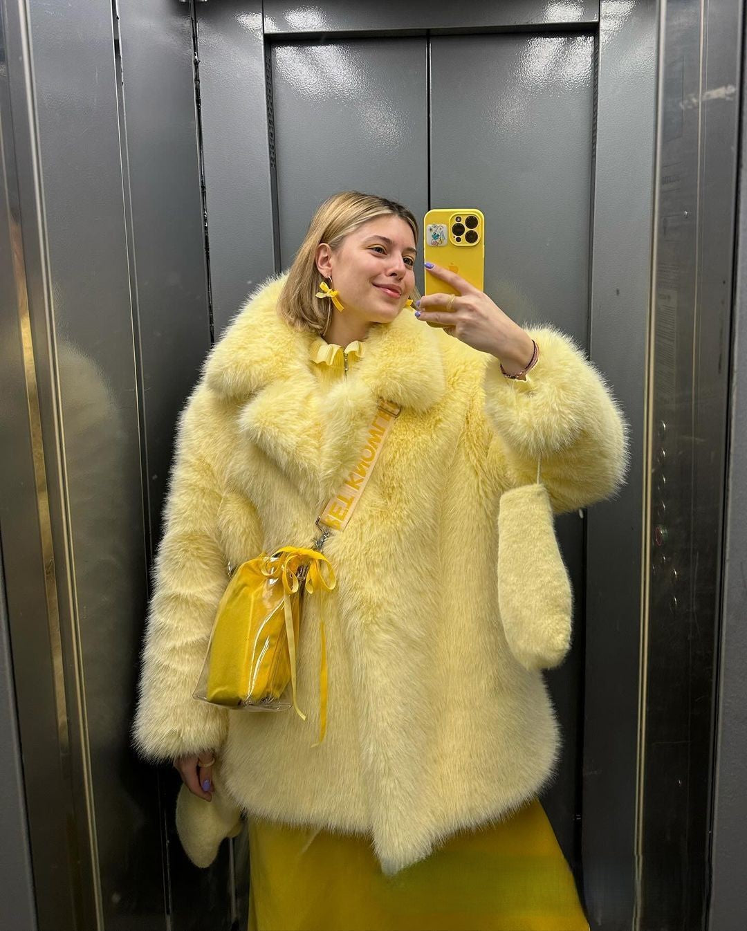 Nameria Faux Fur Mid Length Coat Extended Collar