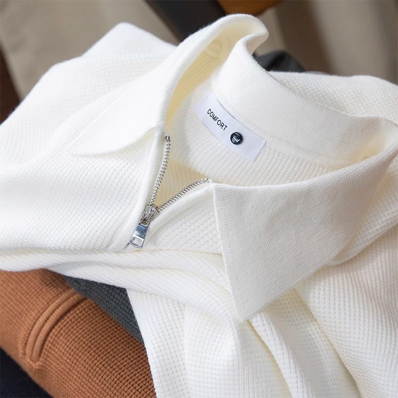 Nameria Half Zip Lapel Collar Waffle Knit Polo Long Sleeve