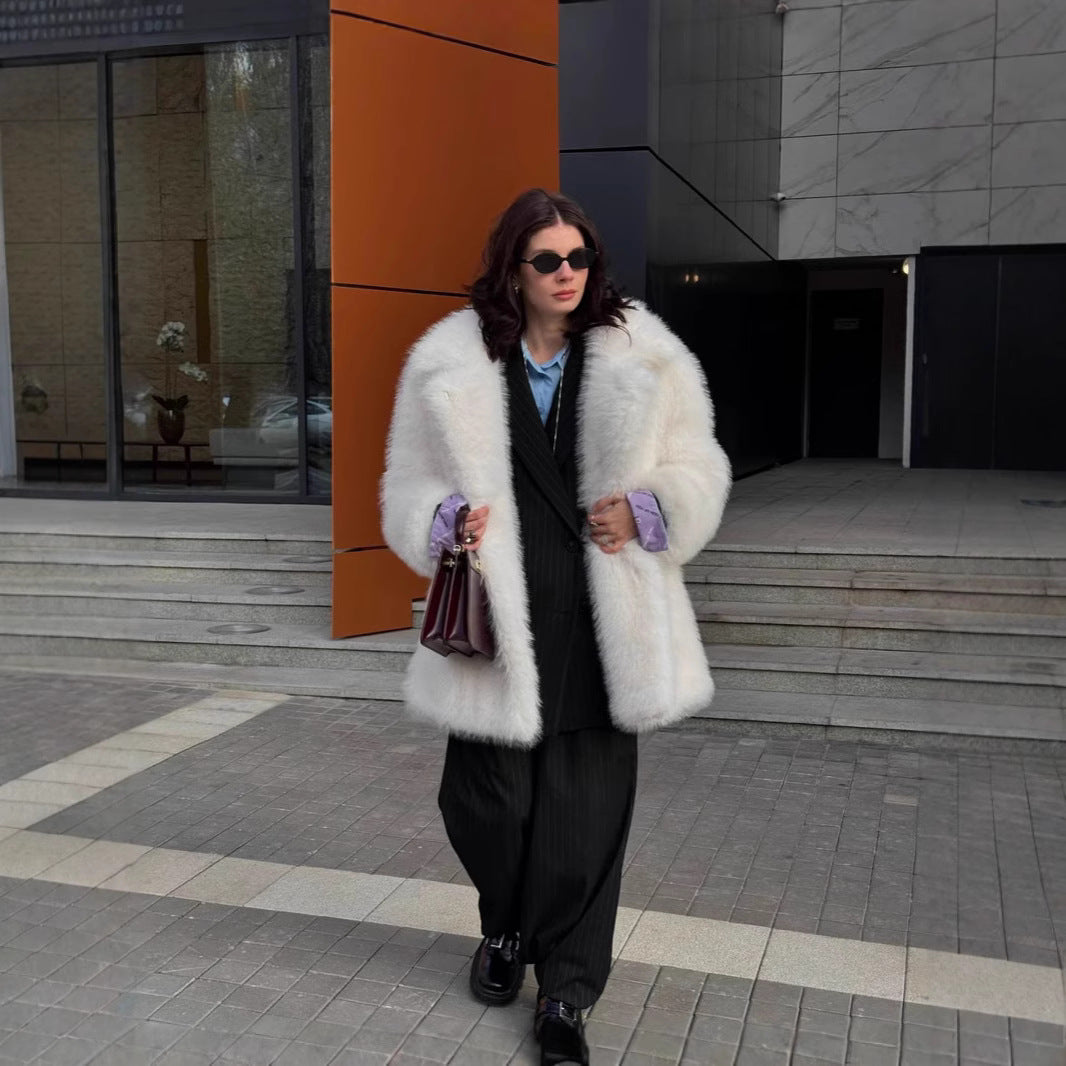 Nameria Faux Fur Mid Length Coat Extended Collar