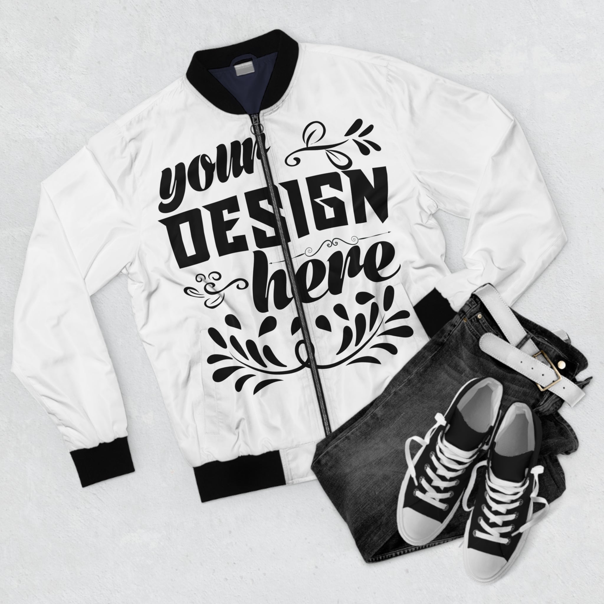 Customizable Mens All Over Print Bomber Jacket With Zipper Pockets