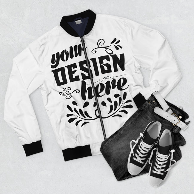 Customizable Mens All Over Print Bomber Jacket With Zipper Pockets
