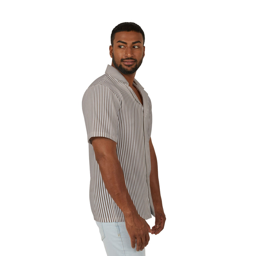 Men's Camp Collar Shirt | Linen-Texture Polyester Stripe
