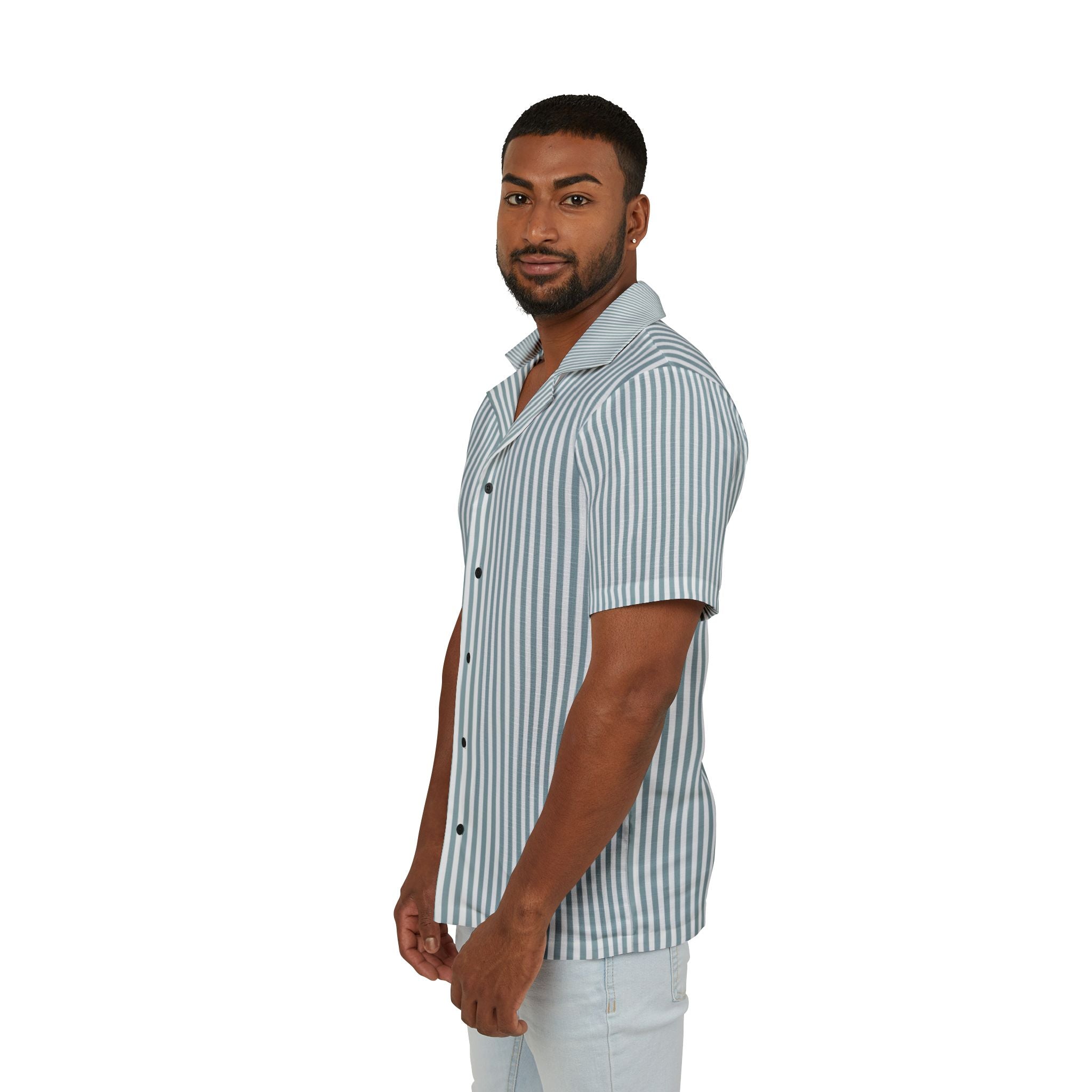 Men's Camp Collar Shirt | Linen-Texture Polyester Stripe